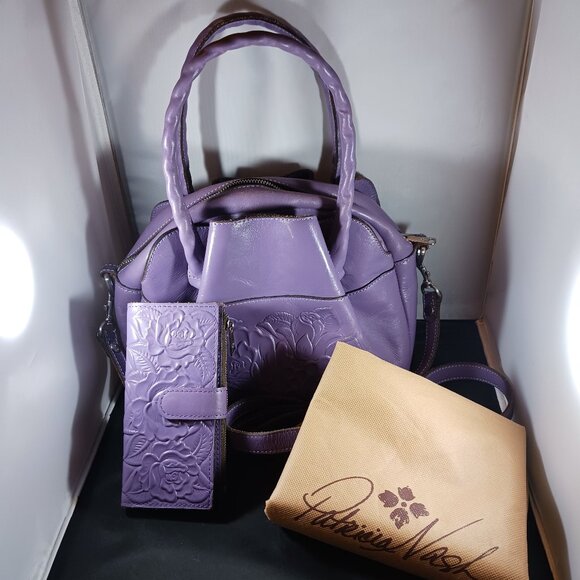 Patricia Nash Ashford Satchel Crossbody Purple Bag + Matching Wallet